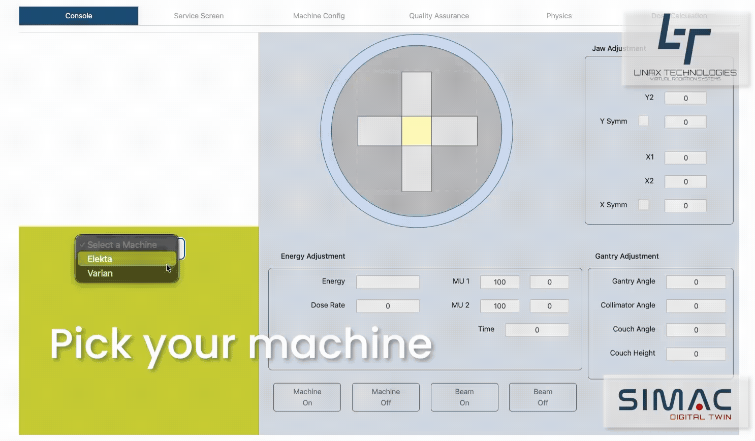 SIMAC Digital Twin walkthrough — selecting a machine and adjusting jaws, energy and gantry