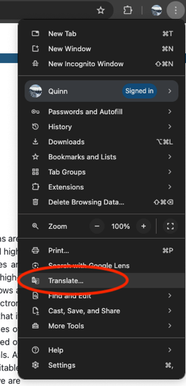 Chrome menu